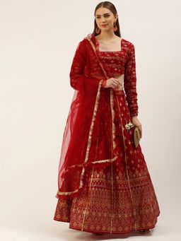 Ethnovog - Ready To Wear Maroon Art Silk Foil Printed Lehenga With Choli And Dupatta (Set of 3)