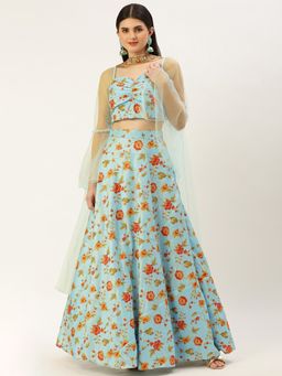 Ethnovog - Ready To Wear Blue Embroidered Art Silk Bell Sleeves Lehenga (Set of 3)