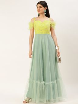 Ethnovog - Ready To Wear Yellow Embroidered N Mint Green Corset Style Gown