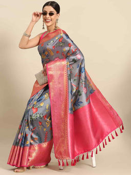 Silk Land - Women Kalamkari Printed Soft Silk Saree with Unstitched Blouse - Grey