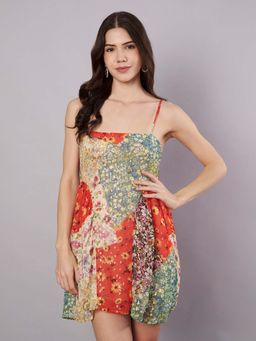 AMAGYAA - Multi-Colour Lurex Floral Printed Strappy Mini Dress