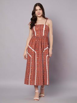 AMAGYAA - Brown Printed Cotton Midi Dress