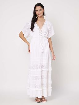 AMAGYAA - White Cotton Self Design Lace Maxi Dress