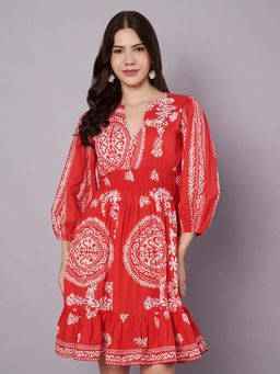 AMAGYAA - Red Floral Printed Round Neck Mini Dress