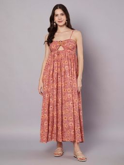 AMAGYAA - Peach Floral Print Cut-Out Cotton Maxi