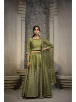 Juniper - Green Bandhani Printed Shantoon Slub Lehenga Choli & Net Dupatta Set.