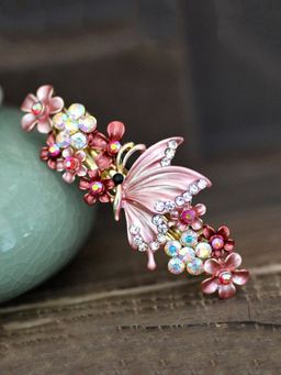 Yellow Chimes - Women Red & White Butterfly Crystal Studded French Barrette