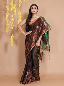 CHARUKRITI - Brown Tissue Handwoven Zari Woven Floral & Bird Designs Saree with Unstitched Blouse
