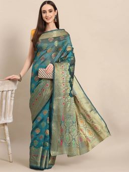 Odette - Green Woven Organza Saree with Unstitched Blouse