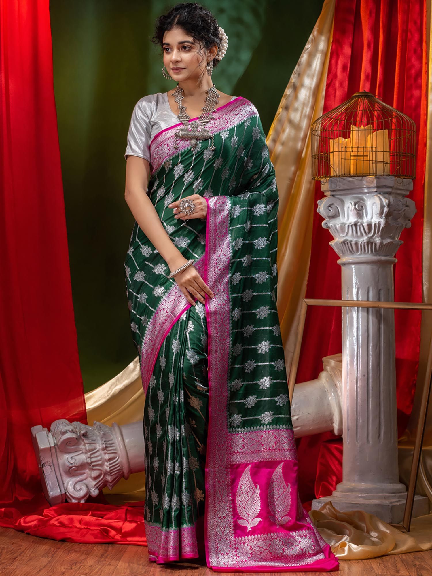 pink silver zari saree contrast blouse