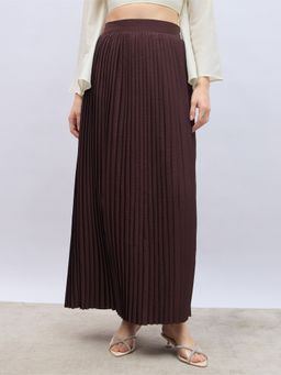 Styli - Women Brown Solid High-Rise Pleated Maxi Skirt