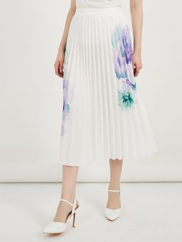 Styli - White Floral Pleated Midi Skirt