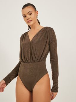 Styli - Women Brown Solid V-Neck Long Sleeves Regular Fit Bodysuit