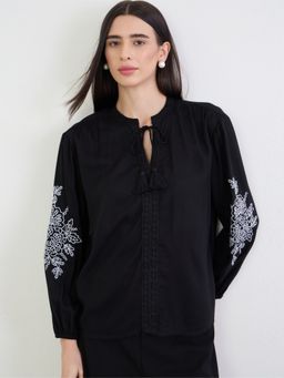 Styli - Women Black Embroidered Tie-Up Neck Long Sleeves Regular Fit Blouse