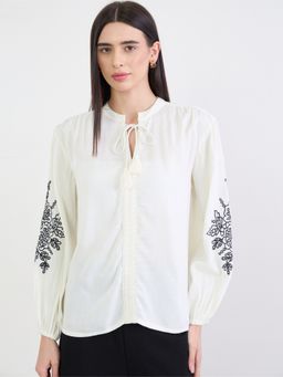 Styli - Women Off White Embroidered Tie-Up Long Sleeves Regular Fit Blouse