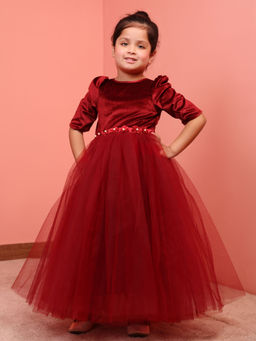 Toy Balloon Kids - Maroon Full Length Girls Party Wear Gown with Belt (Set of 2)