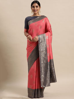 Sareemall - Womens Silk Blend Pink Woven Design Saree with Unstitched Blouse