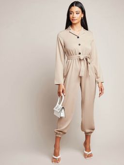Styli - Beige Collar Neck Long Sleeves Cuffed Jumpsuit (Set of 2)