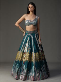 Arpita Sulakshana - Teal Blue Handpainted Lehenga with Blouse and Cape (Set of 3)