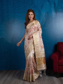 Beatitude - Off White Orange Floral Silk Blend Saree with Unstitched Blouse
