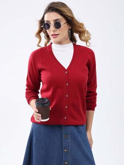 Monte Carlo - Red Women's V Neck Full Sleeve Cardigan