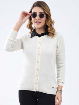 Monte Carlo - White Women's Round Neck Full Sleeve Cardigan