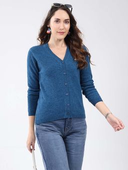 Monte Carlo - Blue Women's V Neck Full Sleeve Cardigan