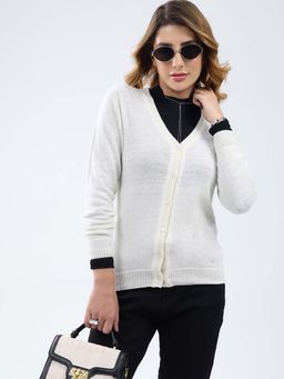 Monte Carlo - White Women's V Neck Full Sleeve Cardigan