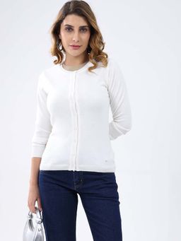 Monte Carlo - White Women's Round Neck Full Sleeve Cardigan