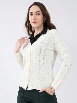 Monte Carlo - Cream Women's V Neck Full Sleeve Cardigan