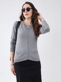 Monte Carlo - Grey Women's Round Neck Full Sleeve Cardigan