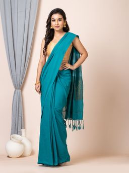 LAA CALCUTTA - Deep Green & Silver Cotton Blend Handloom Saree with Unstitched Blouse