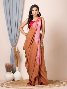 LAA CALCUTTA - Brown Cotton Blend Handloom Saree with Unstitched Blouse