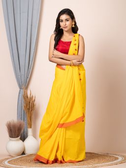 LAA CALCUTTA - Yellow Red Pure Cotton Solid Saree with Unstitched Blouse
