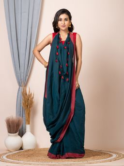 LAA CALCUTTA - Deep Green Red Pure Cotton Solid Saree with Unstitched Blouse
