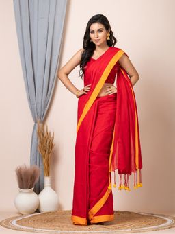 LAA CALCUTTA - Red Yellow Pure Cotton Solid Saree with Unstitched Blouse