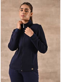Lakshita - Navy Blue Zip-front High-neck Regular Jacket With Pockets