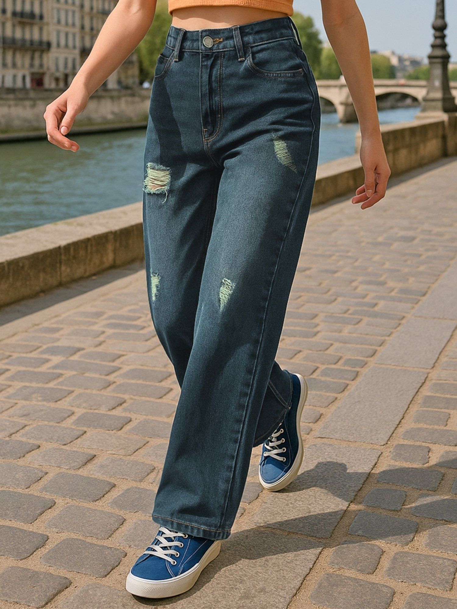 bewakoof Women's Blue Washed Baggy Straight Fit Distressed Jeans-picture-24