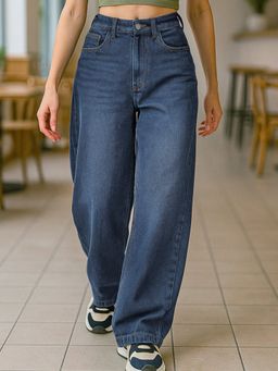 Bewakoof - Women's Blue Washed Baggy Straight Fit Jeans