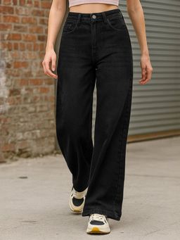 Bewakoof - Women's Jet Black Washed Baggy Straight Fit Jeans