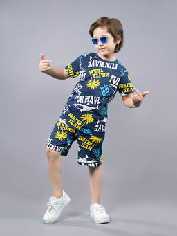 PLUM TREE - Navy Blue Printed T-Shirt and Shorts