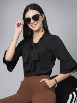 Style Quotient - Women Solid Black Polymoss Regular Formal Top