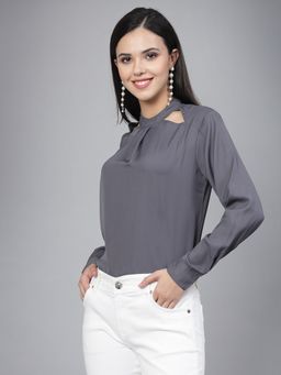 Style Quotient - Women Solid Grey Polyester Cutout Smart Formal Top