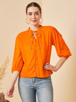 Carlton London - Women Casual Orange Colour Keyhole Neck Solid Regular Top