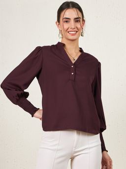 Carlton London - Women Casual Wine Colour V-Neck Solid Regular Top