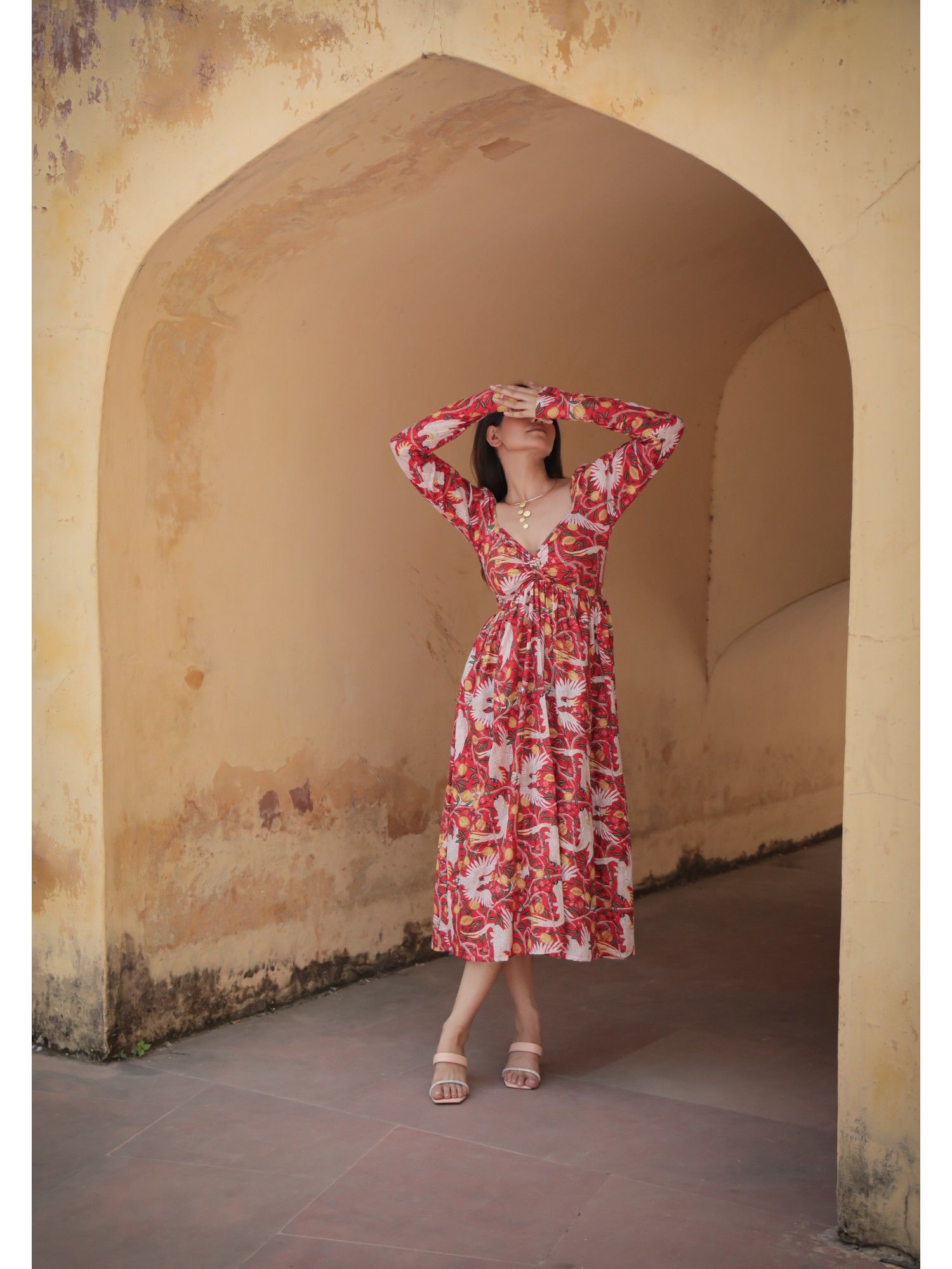 Buy Moonstruck Bird Print Red Full Sleeves Midi Dress Online