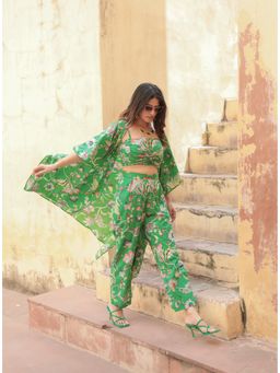 Moonstruck - Floral Green Printed Cape Co-ord (Set of 3)