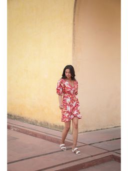 Moonstruck - Bird Print Ruffle Hem V-neck Short Dress