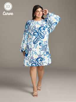 Twenty Dresses by Nykaa Fashion - Curve White and Blue Printed Statement Sleeves Shift Dress