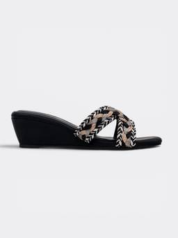 CHLLEN - Noir Braided Cross Strap Black Wedge Sandals